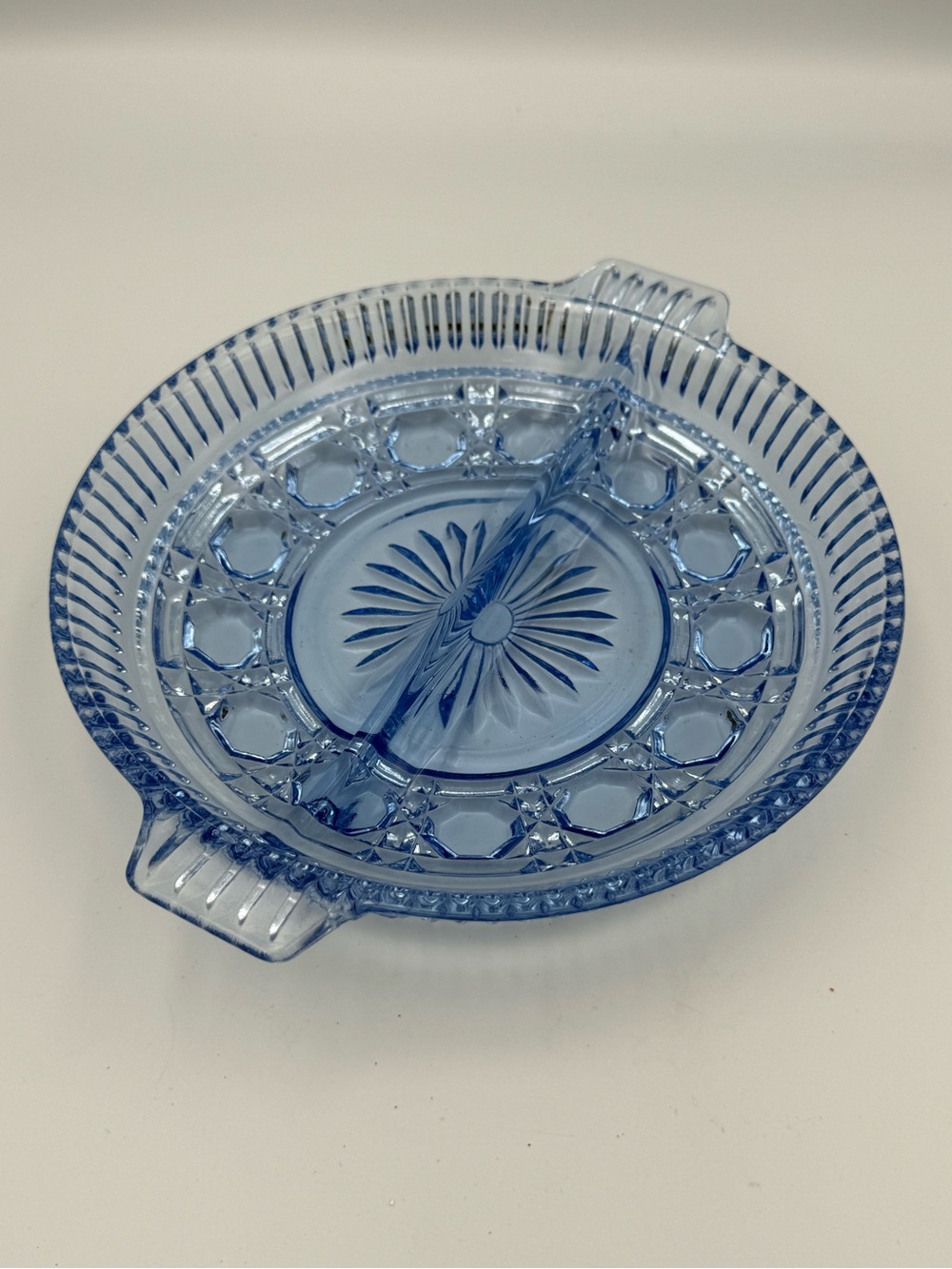Vtg Indiana Glass Windsor Ice Blue Divided Relish Candy Dish 2 Handle 8.25"